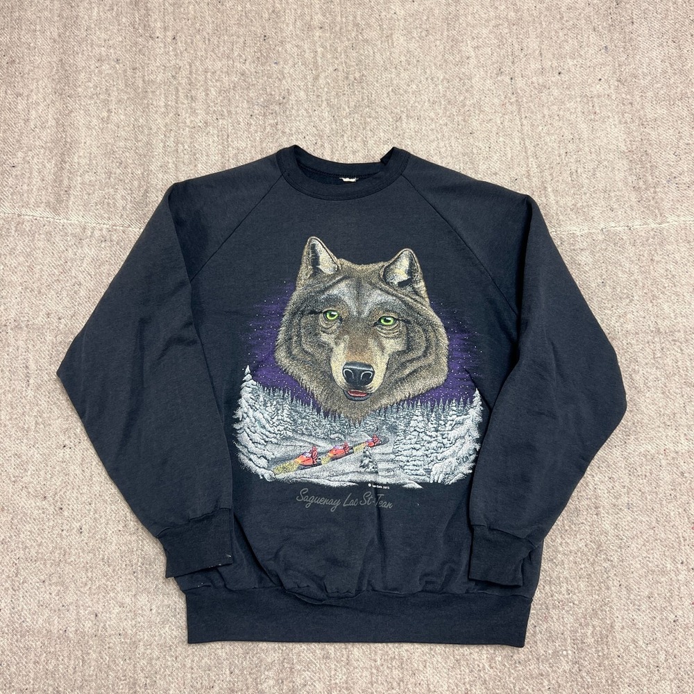 Vintage Wolf Sweatshirt Mens Medium Black 1980s Quebec Canada Snowmobile